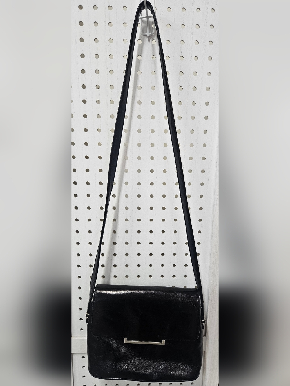 Ventige Black Leather Crossbody Bag with Metal Bar Accent